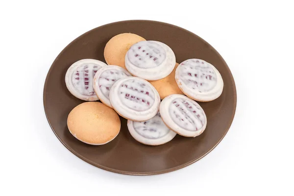 Biscoitos Redondos Com Recheio Geléia Frutas Revestimento Chocolate Branco Lado — Fotografia de Stock