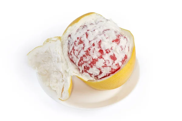 Pomelo Red Variety Partly Peeled Rind White Dish White Background — Stockfoto