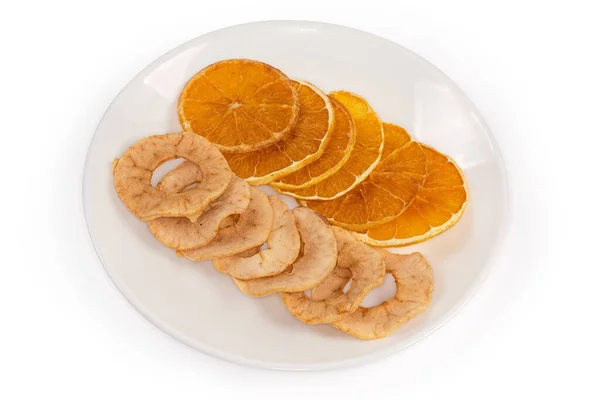 Sušené Křupavé Tenké Pomerančové Ovoce Jablečné Lupínky Bílém Podkladu — Stock fotografie