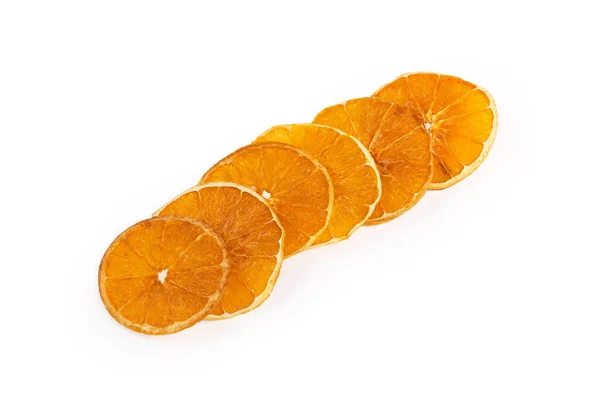 Dried Crispy Thin Orange Fruit Chips Laid Row White Background — Stok fotoğraf