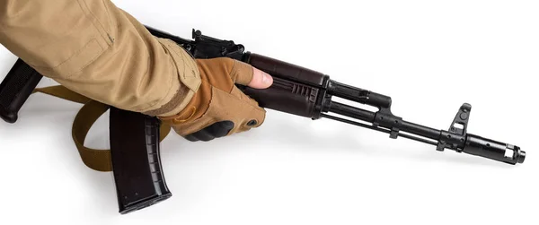 Assault Rifle Production Former Soviet Union Magazine Soldier Hands White — Stockfoto