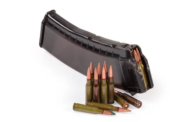 Different Service Rifle Cartridges Caliber 4539Mm Loaded Assault Rifle Magazine — стоковое фото