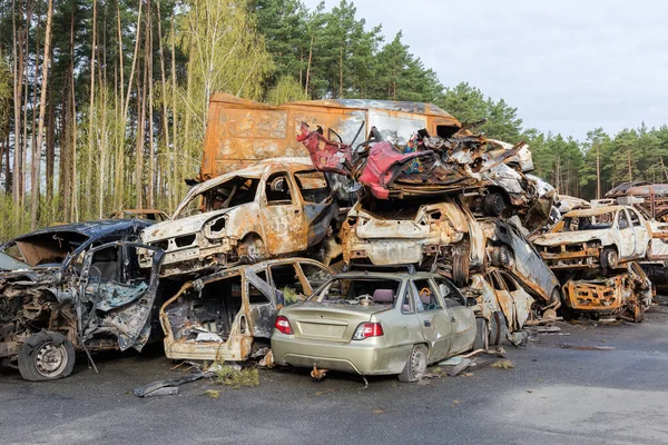 Remains Civil Cars Which Shot Burned Out Russian Soldiers Evacuation — Foto Stock