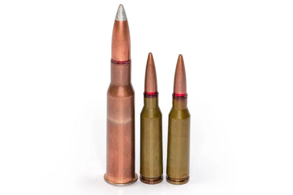 Service Rifle Cartridges Different Caliber Stand White Background Close — Stock Fotó