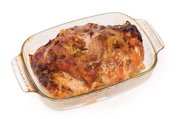 Big Piece Pork Baked Spices Glass Baking Pan White Background — стоковое фото