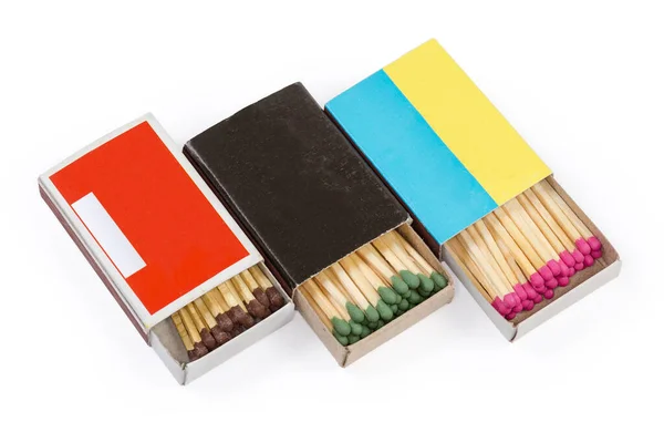 Three Partly Open Cardboard Matchboxes Wooden Household Safety Matches Red — Φωτογραφία Αρχείου