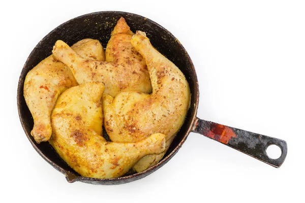 Freshly Fried Chicken Leg Quarters Old Rustic Frying Pan Top — Zdjęcie stockowe