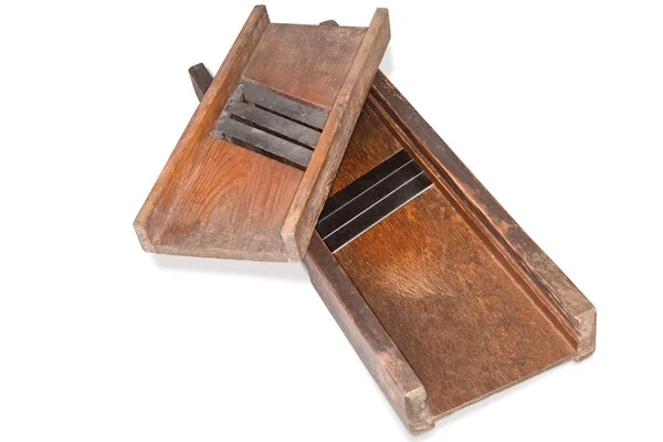 Dwa Zabytkowe Ręczne Drewniane Niszczarki Kuchenne Kapusty Trzema Stalowymi Ostrzami — Zdjęcie stockowe