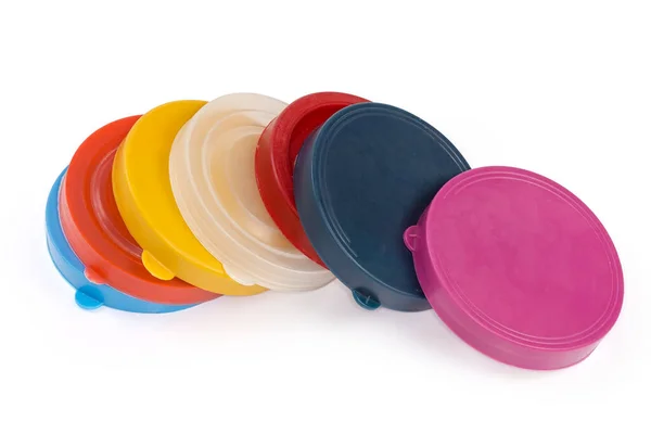 Rodada Reutilizável Usado Tampas Coloridas Claras Feitas Com Plástico Elástico — Fotografia de Stock