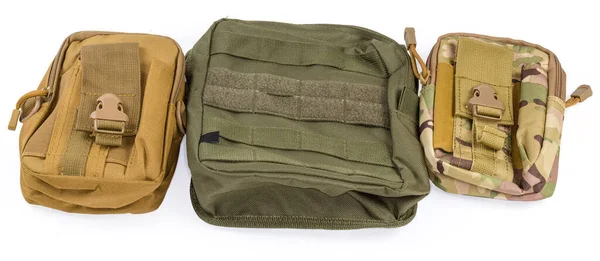 Three Military Tactical Pouches Various Purposes Fasten Unloading Vest Bulletproof — Stock Photo, Image