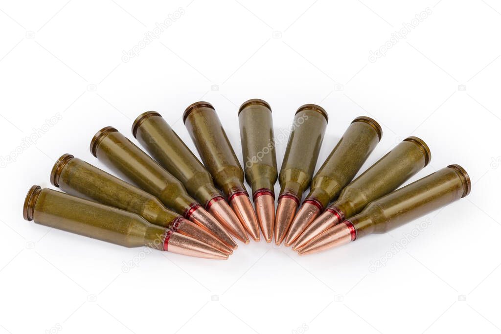 Service cartridges for assault rifles, close-up on a white background