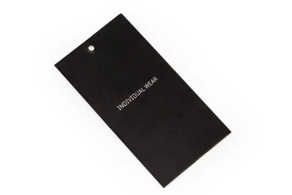 Etiqueta Columpio Ropa Forma Hoja Cartón Negro Con Agujero Inscripción — Foto de Stock