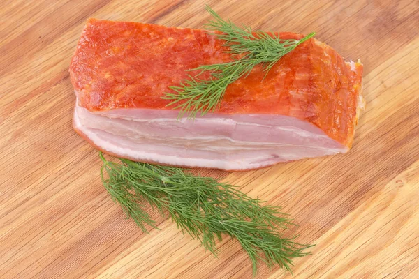 Piece Boiled Smoked Pork Belly Skin Twigs Fresh Dill Wooden — Stock Photo, Image