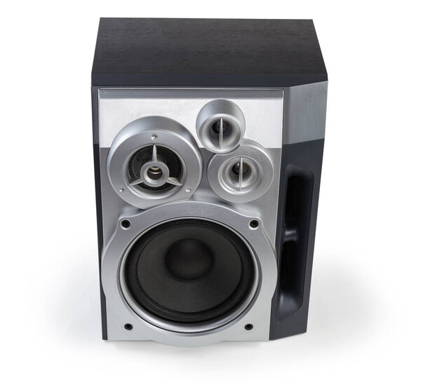 Home high fidelity three-way loudspeaker system with bass reflex port in black wooden housing and silvery plastic front panel on a white background