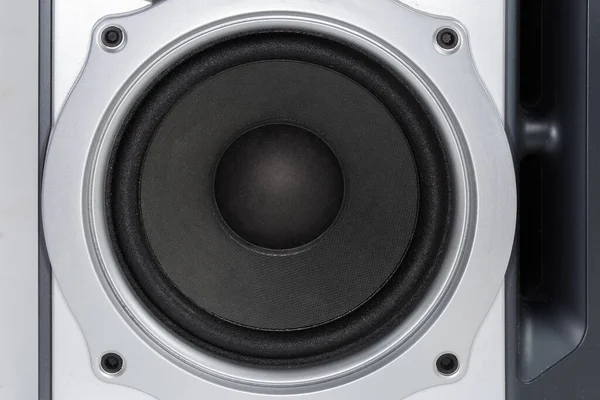 Woofer Black Diffuser Silvery Plastic Front Panel Home Loudspeaker Close — Stockfoto