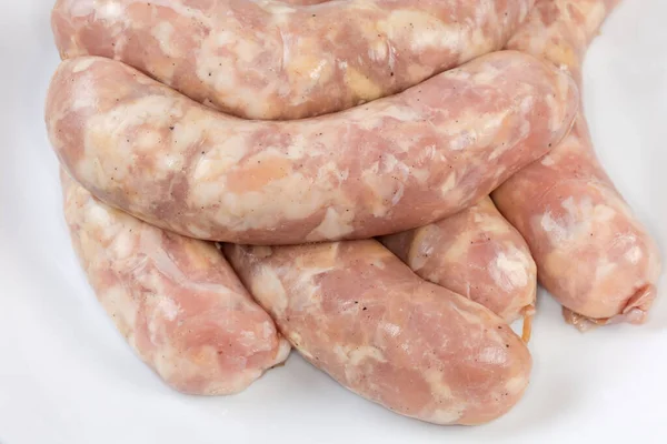 Rauwe Korte Dikke Worsten Gemaakt Van Kippenvlees Een Natuurlijk Omhulsel — Stockfoto