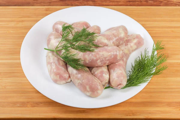 Salsichas Grossas Curtas Cruas Feitas Com Carne Frango Invólucro Natural — Fotografia de Stock
