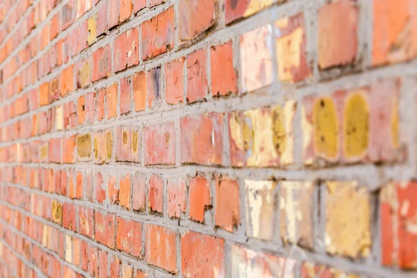 Fragment Old Wall Built Red Yellow Bricks Spots View Wall — Zdjęcie stockowe