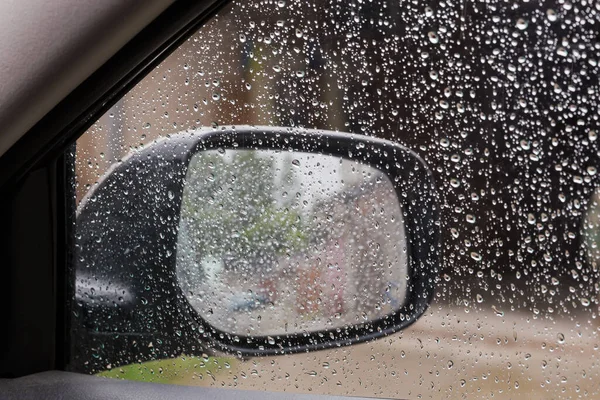 Wet Car Rear View Mirror Covered Water Drops Rain View — 스톡 사진