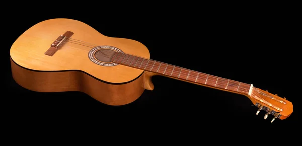 Old Traditional Wooden Acoustic Guitar Six Strings Black Background — Zdjęcie stockowe