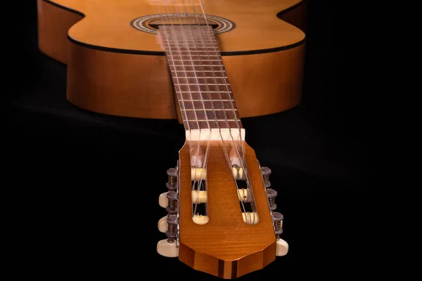 Fragment Old Traditional Wooden Acoustic Guitar Six Strings View Headstock — Stock Photo, Image