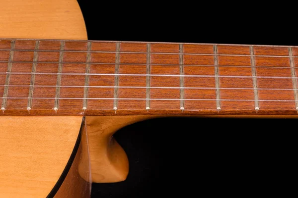 Fragment Fingerboard Frets Old Traditional Wooden Acoustic Guitar Six Strings — Stock Photo, Image