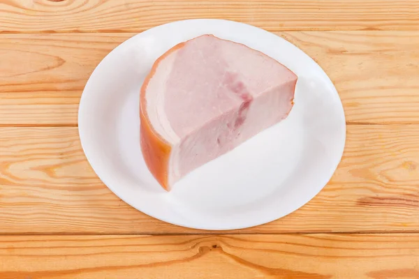 Piece Boiled Smoked Ham Skin White Dish Rustic Table — Stockfoto
