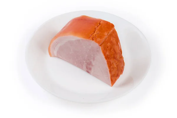 Piece Boiled Smoked Ham Skin White Dish White Background — Zdjęcie stockowe