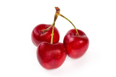 Kırmızı kirazlar beyaz arka planda küçük bir dal üzerinde yakın plan