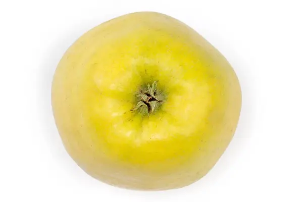 One Whole Ripe Green Yellow Apple White Background Top View — Fotografia de Stock