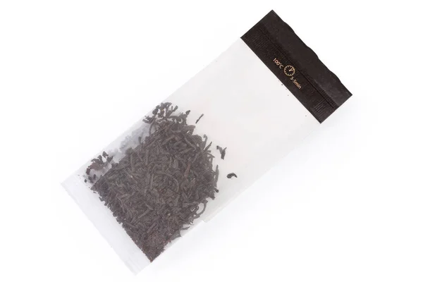 Çay Poşeti Dolusu Kuru Siyah Çay Yaprakları Besin Kalitesinde Plastik — Stok fotoğraf