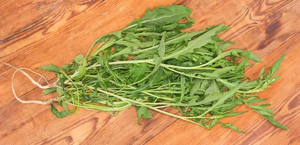 Bunch Stems Freshly Harvested Arugula Roots Old Wooden Rustic Table — Fotografia de Stock