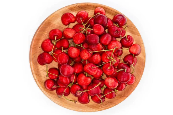 Red Sweet Cherries Stems Wooden Dish White Background Top View — Stok Foto