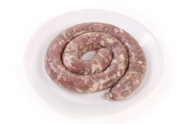 Coiled Raw Pork Sausage Herbs Natural Casing Dish White Background — Foto de Stock