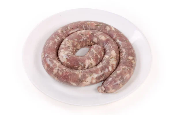 Coiled Raw Pork Sausage Herbs Natural Casing Dish White Background — ストック写真