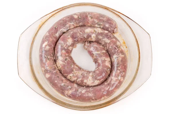 Coiled Raw Pork Sausage Herbs Natural Casing Glass Baking Dish — Fotografia de Stock