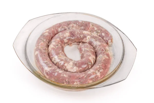 Coiled Raw Pork Sausage Herbs Natural Casing Glass Baking Dish — Foto de Stock