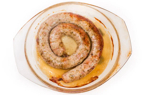 Coiled Baked Pork Sausage Herbs Natural Casing Glass Baking Dish — Stock fotografie