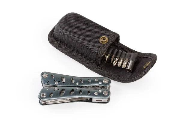 Folded Multi Tool Metal Handles His Open Case White Background — Stock Fotó