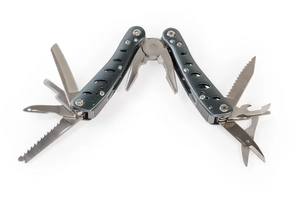 Multi Tool Metal Handles Partly Open Different Tools White Background — Stockfoto