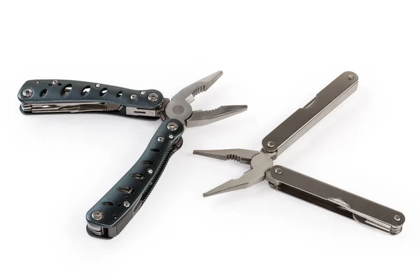 Two Different Multi Tools Metal Handles Open Pliers White Background —  Fotos de Stock