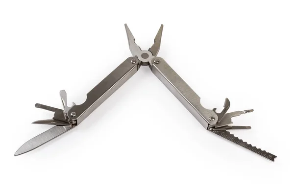 Multi Tool Metal Handles Partly Open Different Tools White Background — Stockfoto