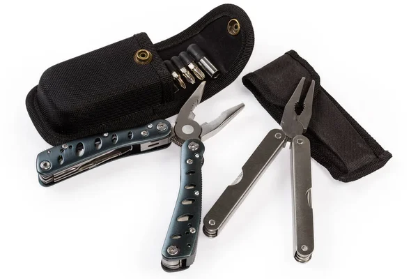 Two Different Multi Tools Metal Handles Open Pliers Cases White — ストック写真