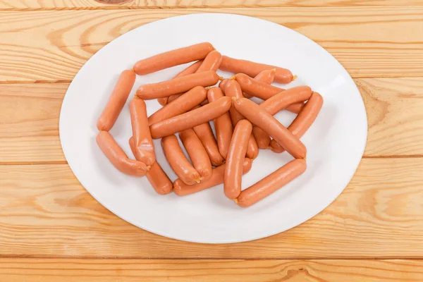 Small Thin Smoked Boiled Sausages White Dish Rustic Table — Photo