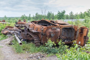 Remains of the Russian infantry fighting vehicle and tanks destroyed and burned in Russian invasion of Ukraine, 2022 standing on a forest edge.