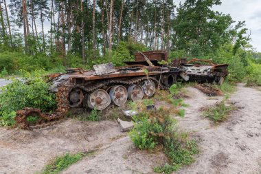 Remains of the two Russian tanks destroyed and burned in Russian invasion of Ukraine, 2022. Rusty burned tank hulls without turrets among the young trees on a forest edge.