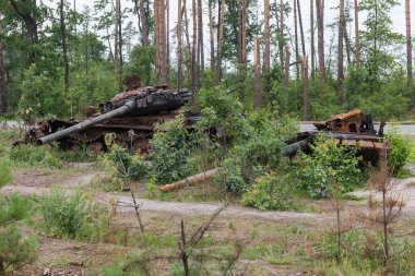 Rus tankları, 2022 yılında Rusya 'nın Ukrayna' yı işgali sırasında yol kenarındaki ağaçların arasında yok edilip yakıldılar.. 