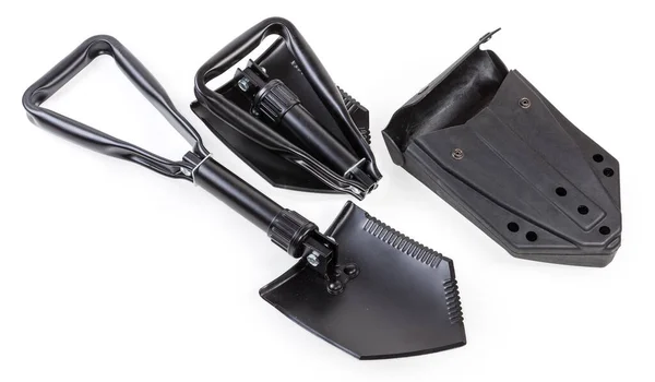 Folded Unfolded Modern Steel Entrenching Tools Handles One Plastic Case — Stok fotoğraf