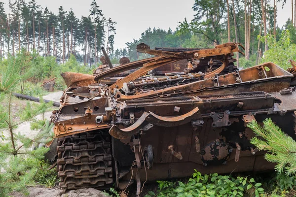 Remains Russian Tank Destroyed Burned Russian Invasion Ukraine 2022 Rusty — Foto Stock