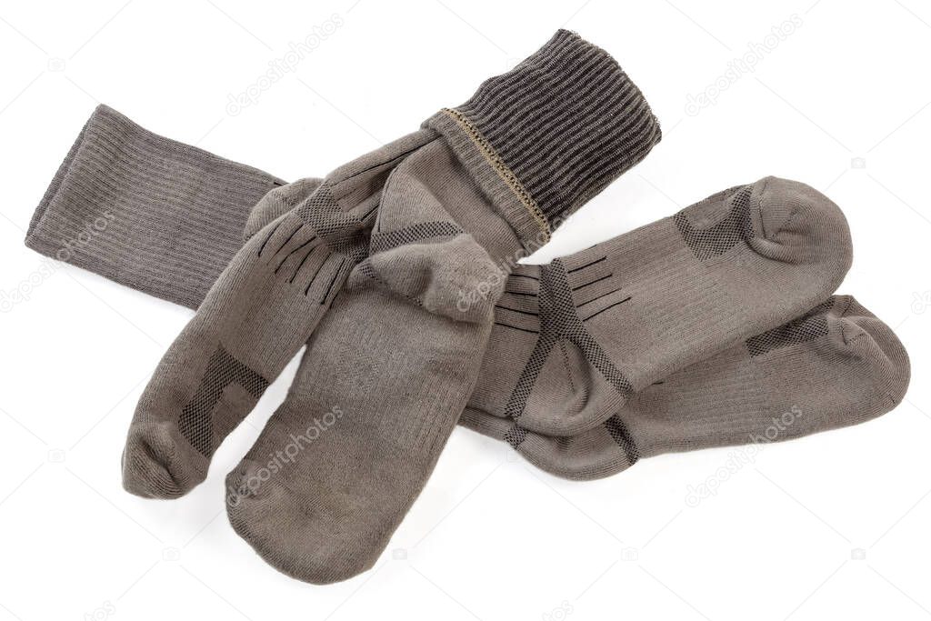Two pairs of the gray thick high length military boot socks on a white background
